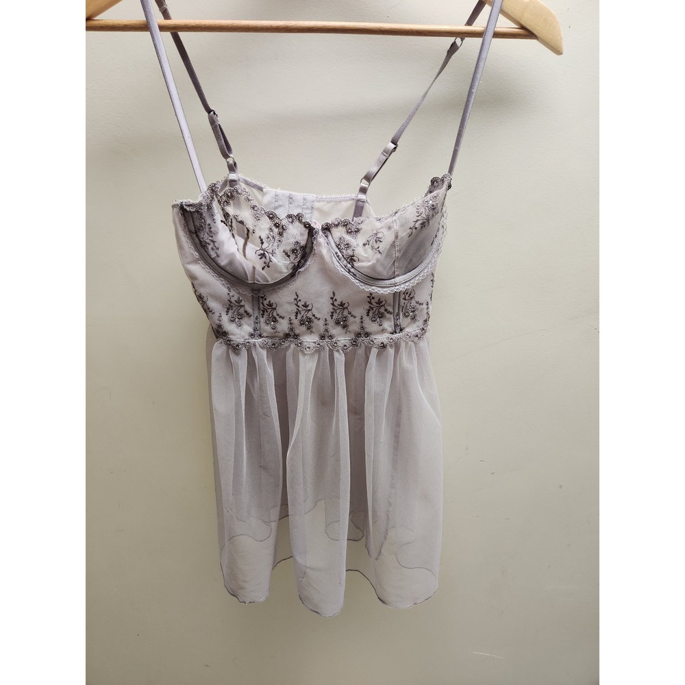 Victorias Secret 34B Gray Floral Lace‎ Corset Babydoll Chemise Lingerie